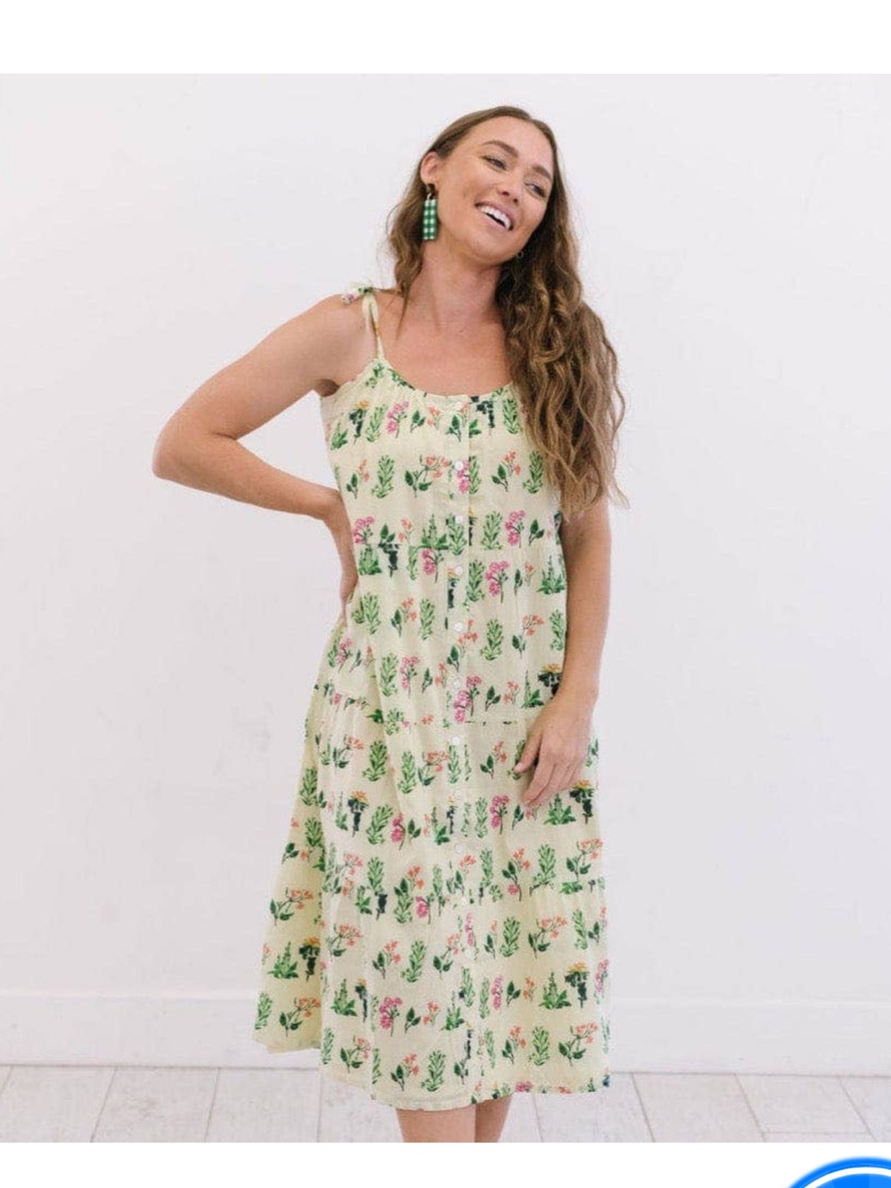 Sunshine Tienda Tiered Floral Cotton Midi Button Up Dress Cream Green Pink